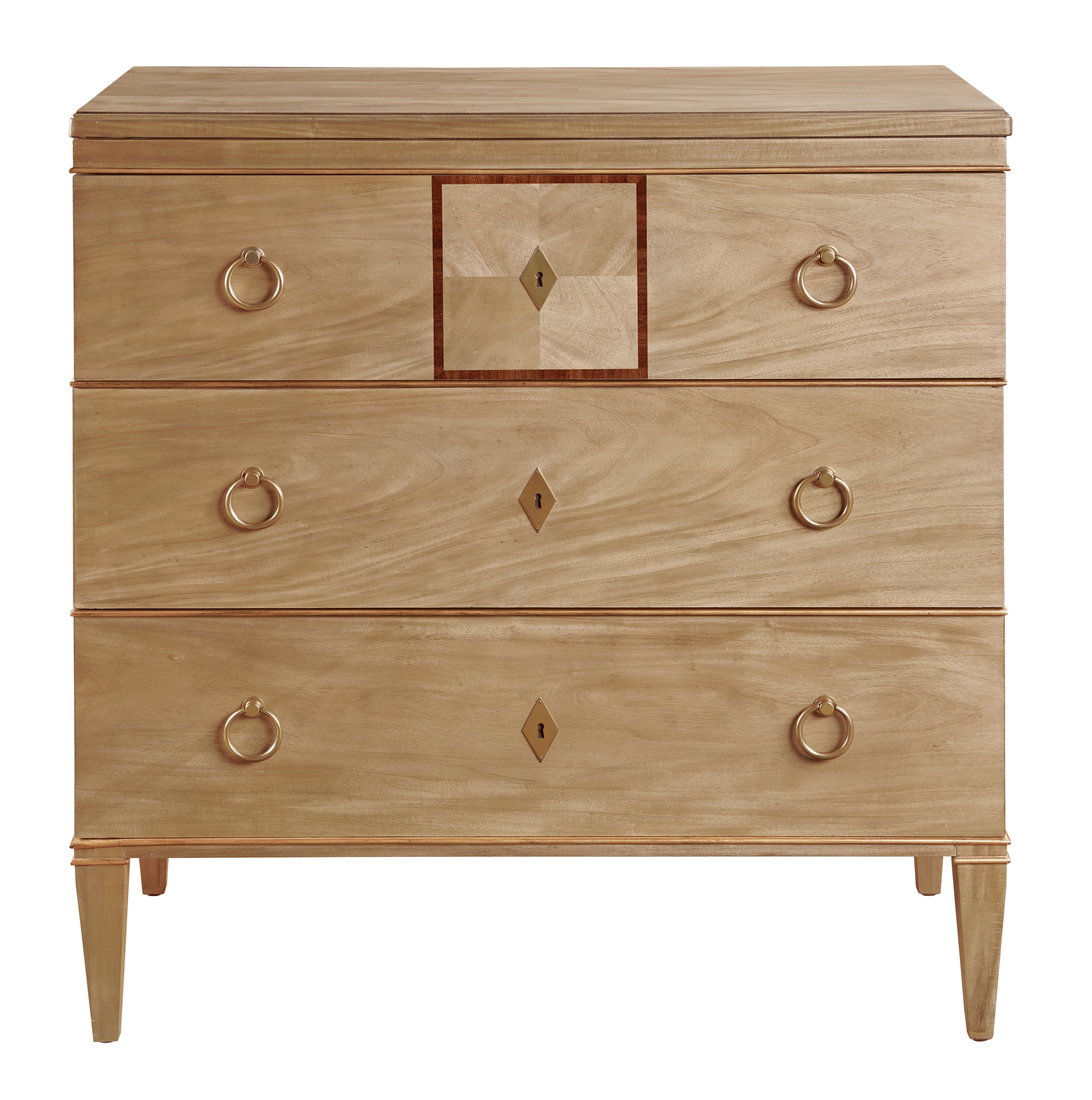 Wooden dresser with geometric patterns and gold handles on a white background