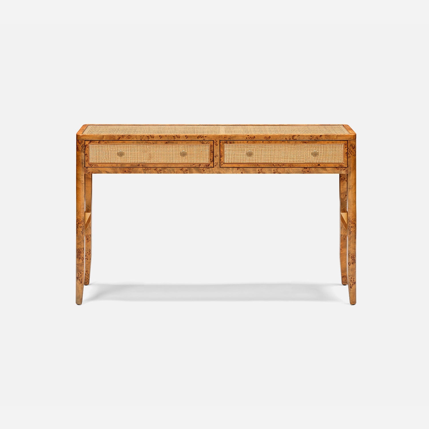 Wooden console table with rattan drawers on a white background