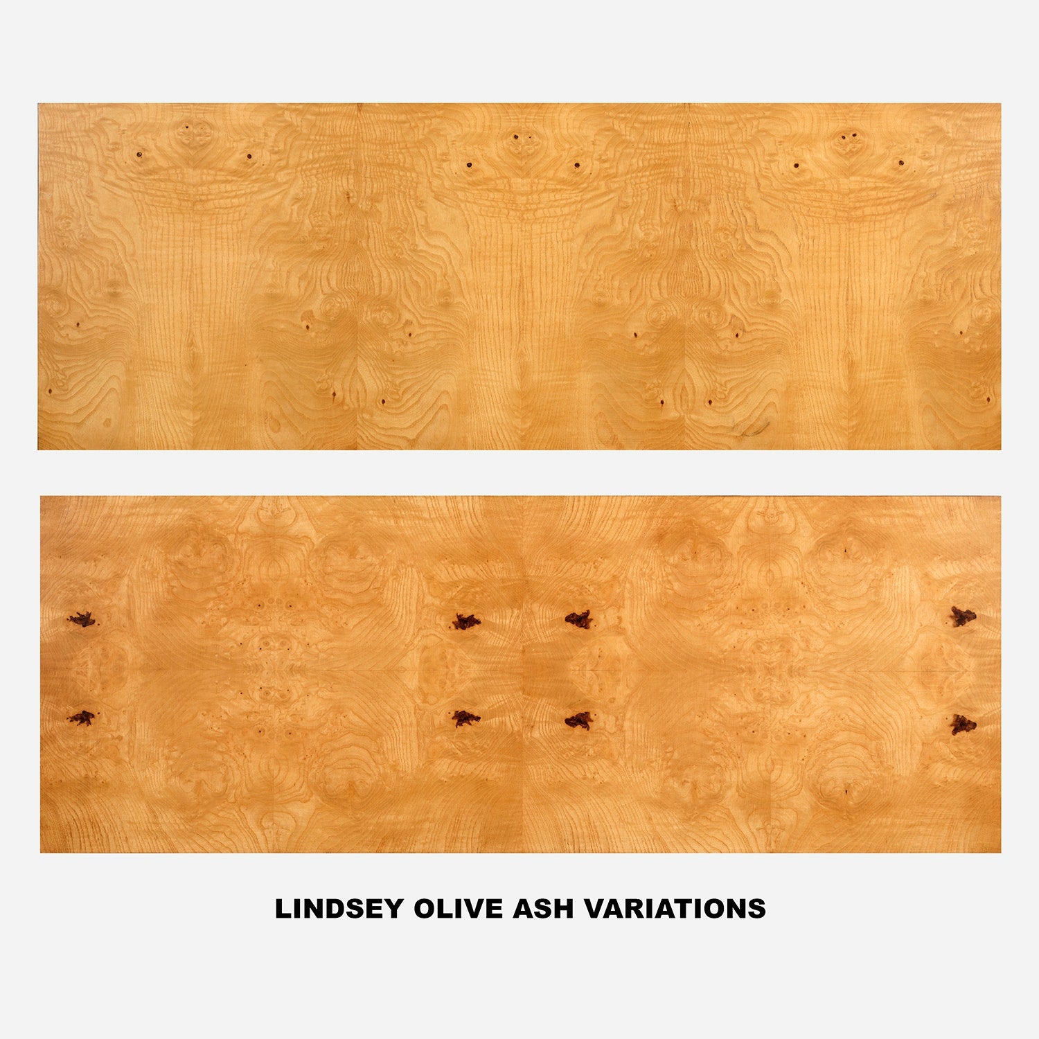 Two panels of Lindsey Olive Ash wood with visible grain and texture on a white background.