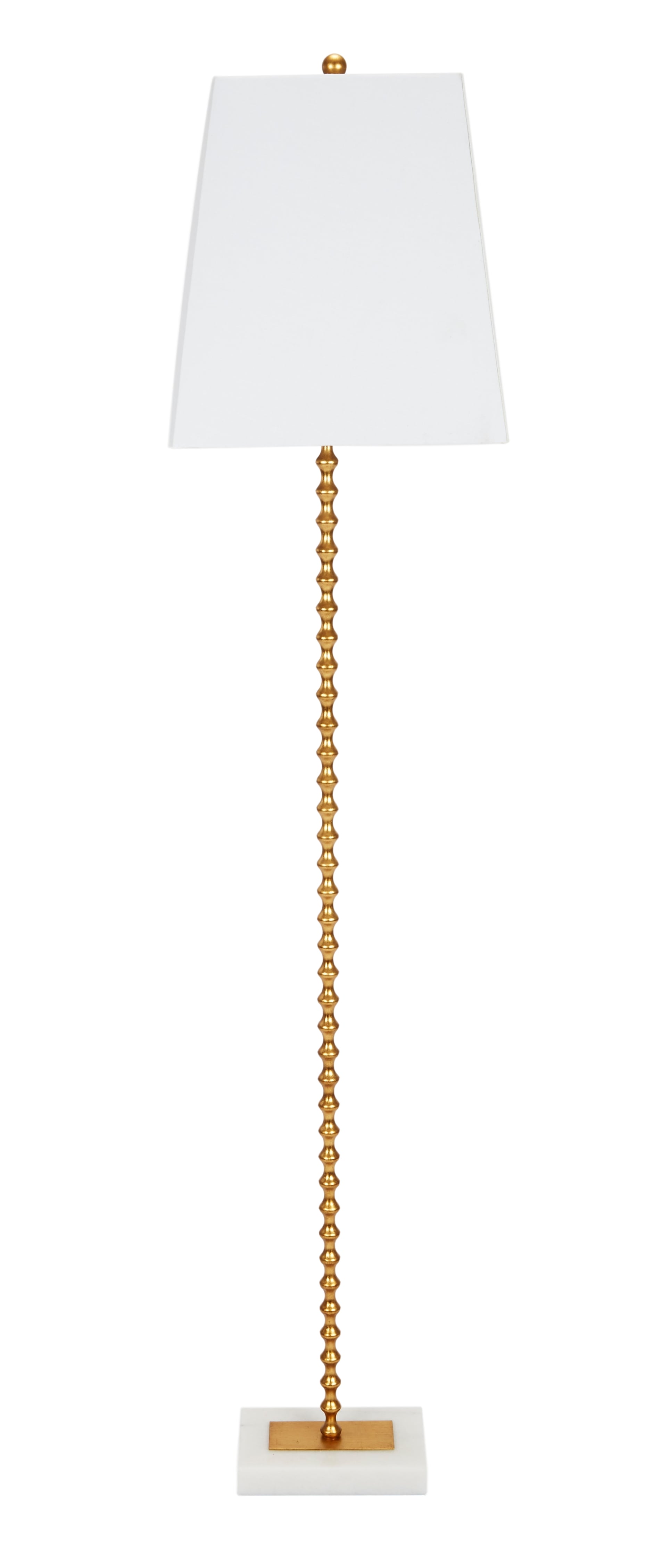 Floor lamp with wooden bead chain and white shade on a white background