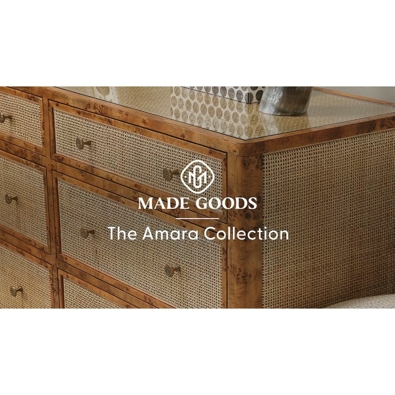Wooden dresser with woven drawers and 'Made Goods' logo on a white background