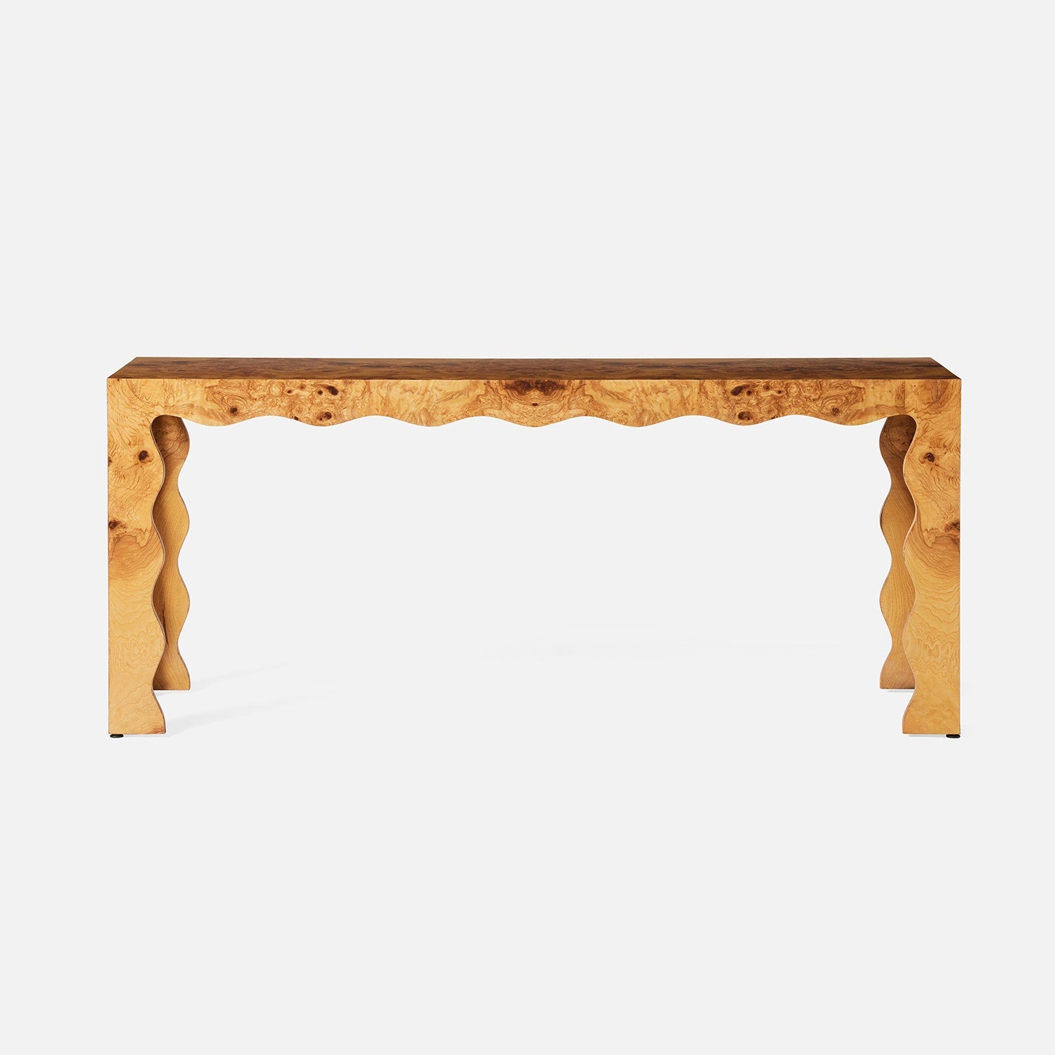 Wooden console table with wavy legs on a white background