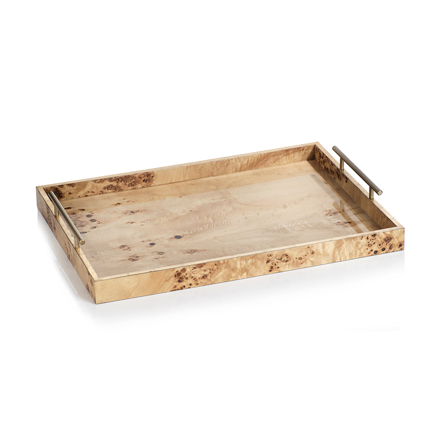 Wooden tray with metal handles on a white background
