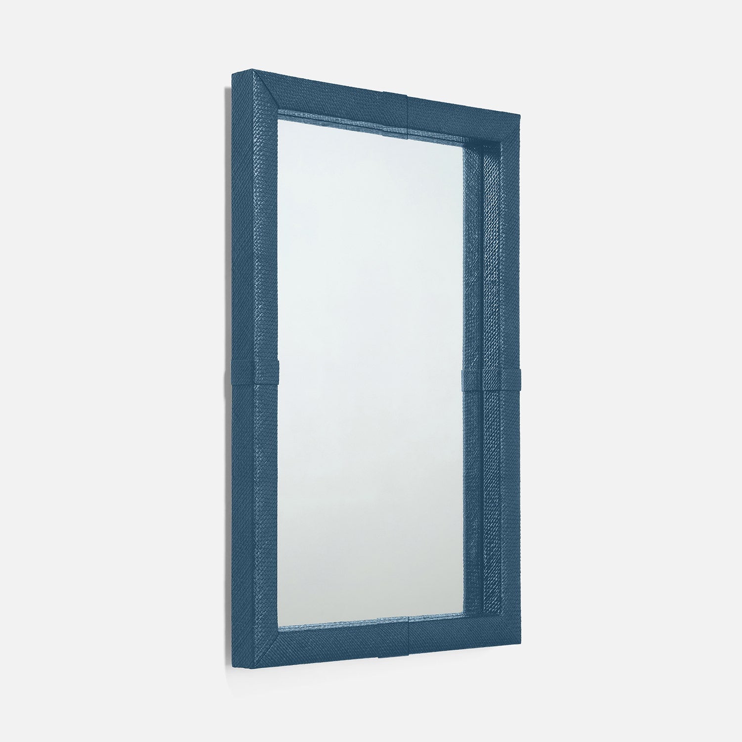 Rectangular mirror with a blue frame on a white background