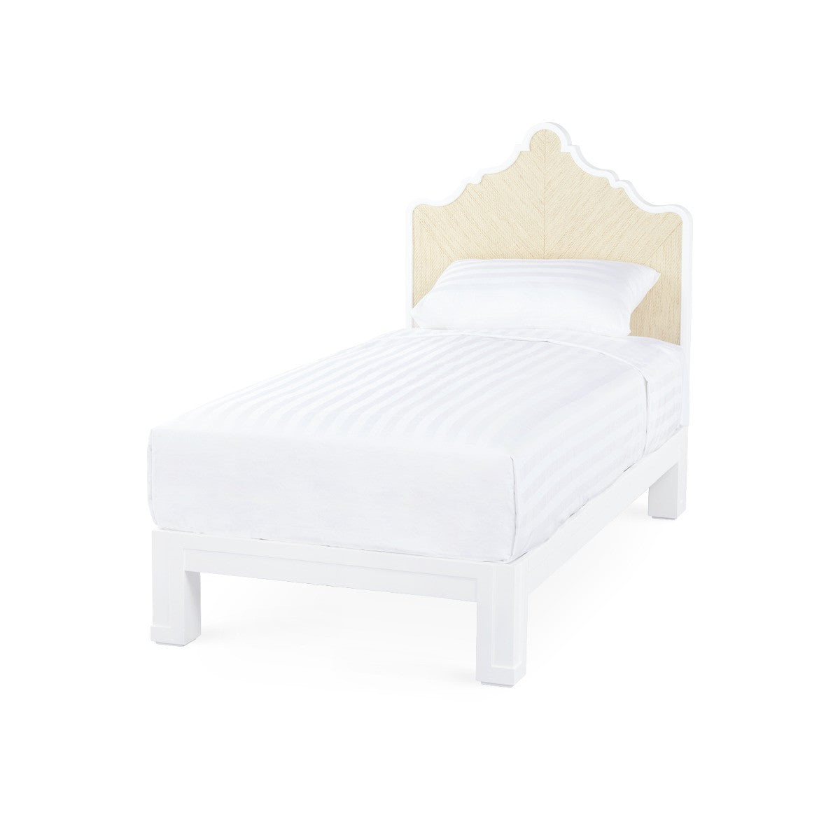 White bed with a light-colored headboard on a white background
