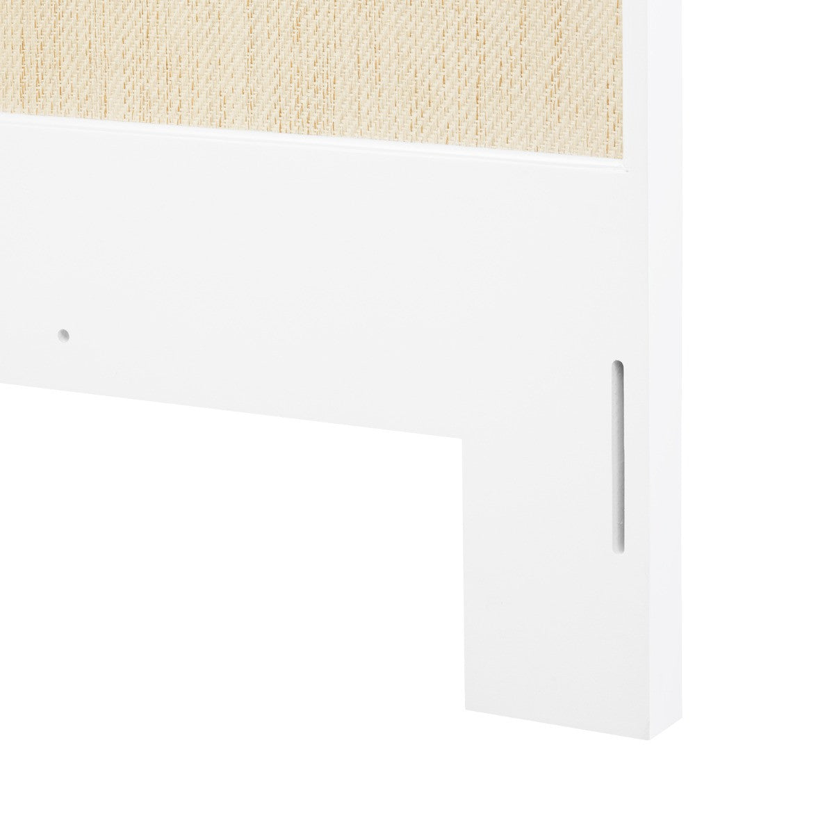 White cabinet with a textured beige panel on a white background