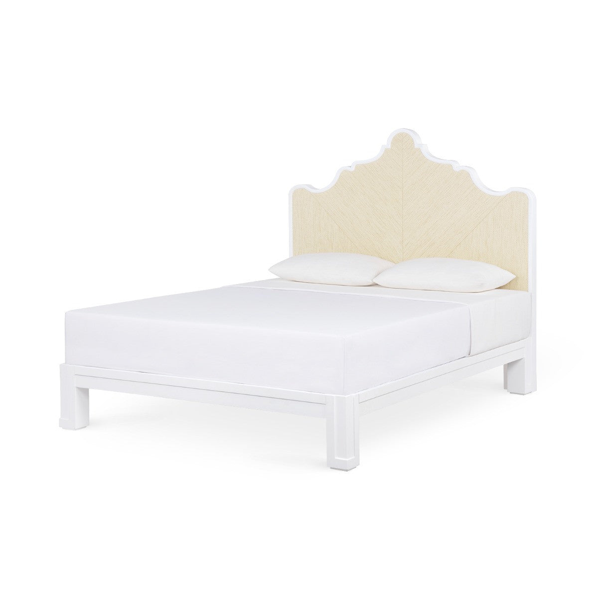 Bed with a white mattress and beige headboard on a white background